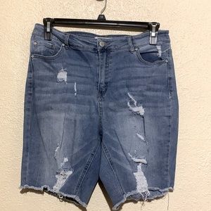 C Est Jean Shorts 12 Blue High Rise Stretch Ripped Raw Hem Cotton Rayon Spandex
